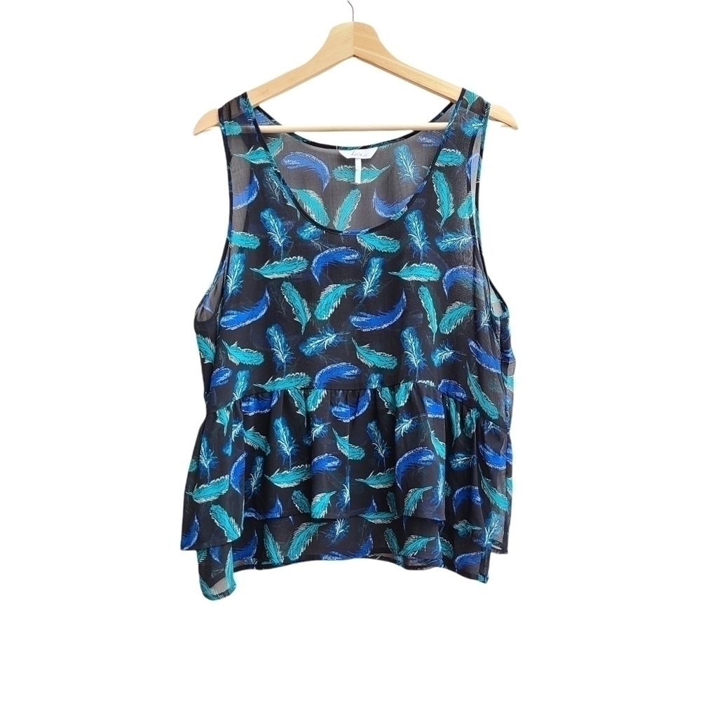 Sheer Feather Print Sleeveless Blouse, Size XL